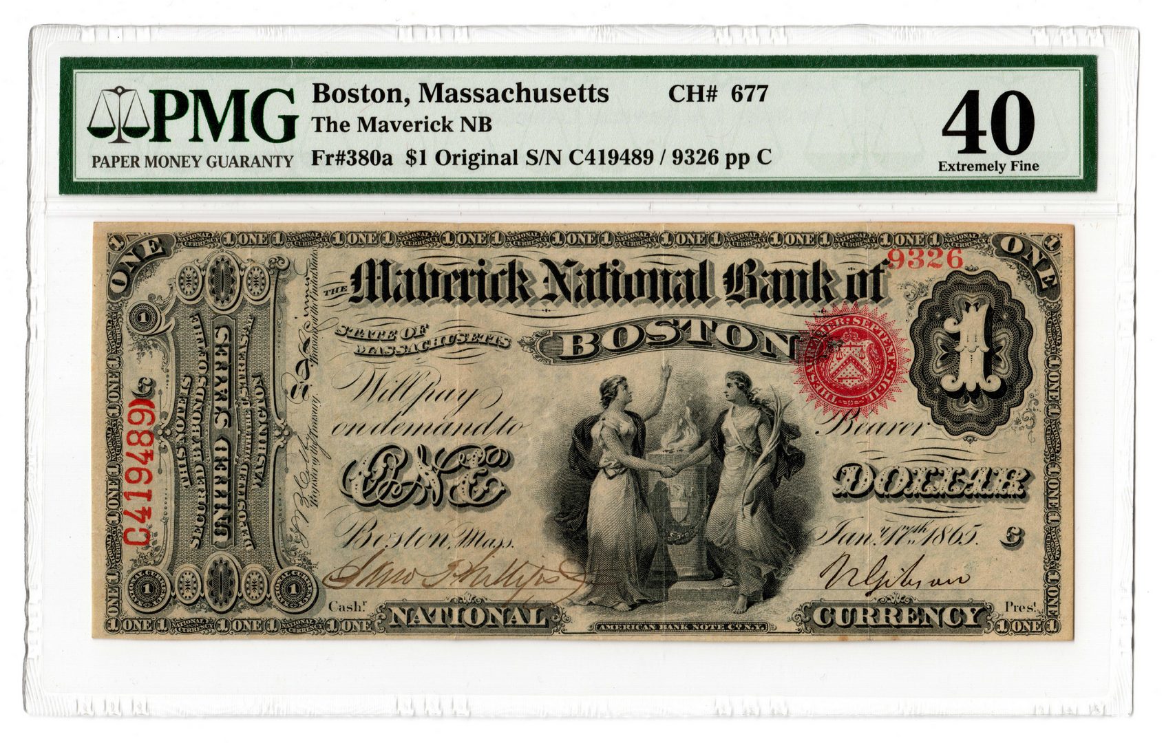 Image of the front of a Maverick National Bank One Dollar Note from 1865 signed by Nehemiah Gibson